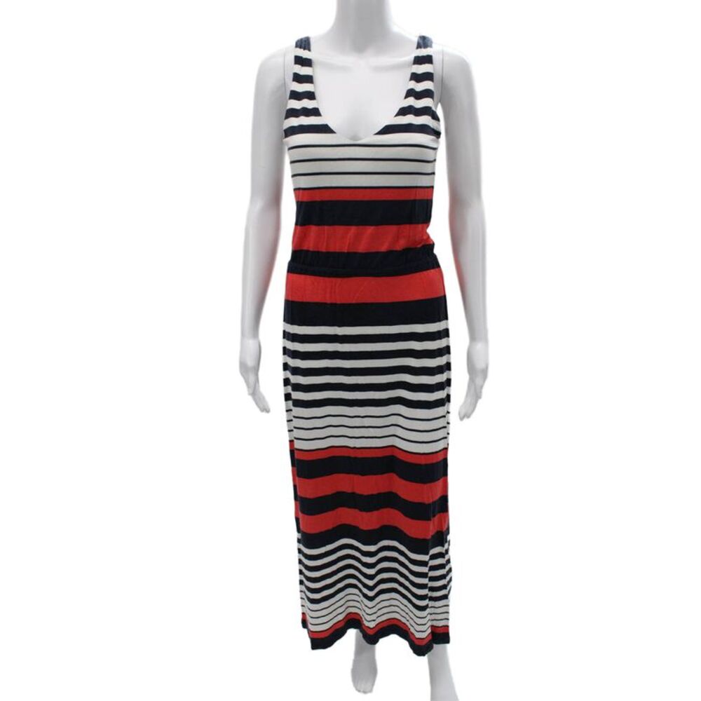 Envi Women Maxi Tank Dress Dark Blue Striped V-Neck Lace Up Size S